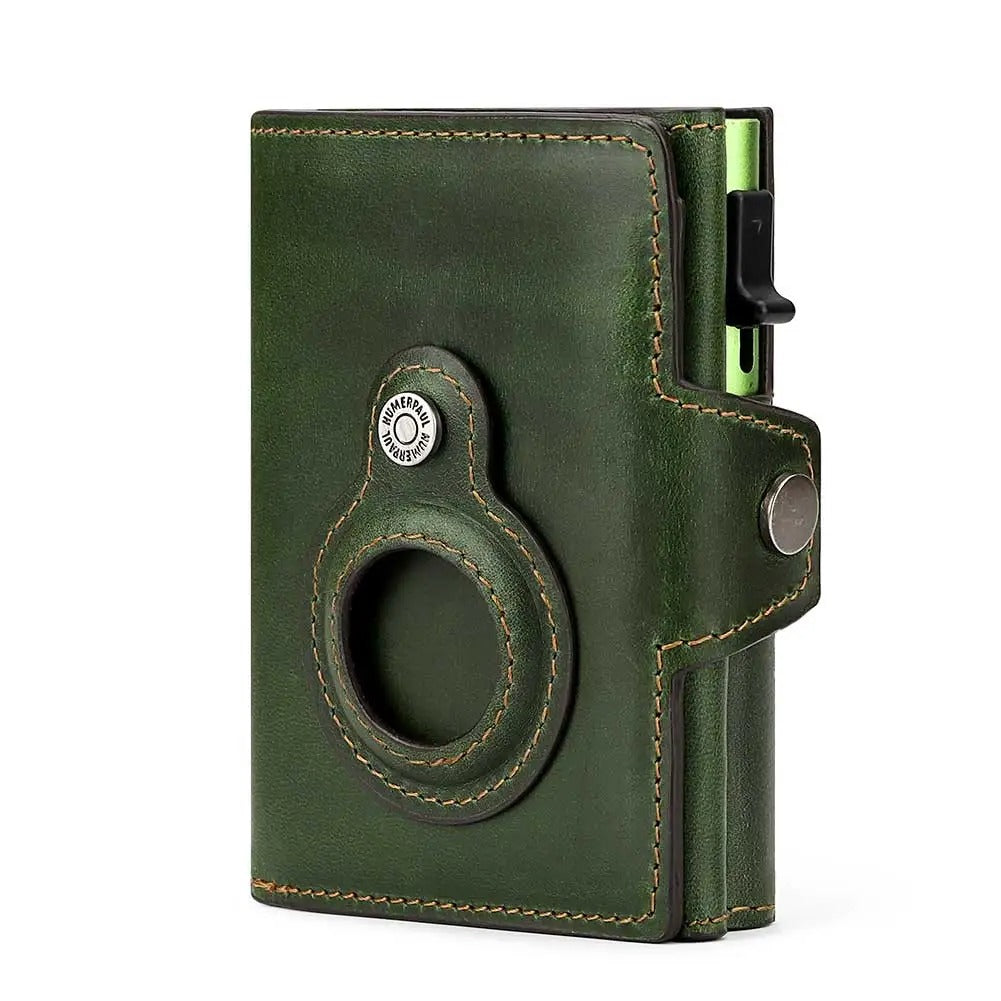 Leather RFID Wallet with AirTag Holder – Automatic Card Case