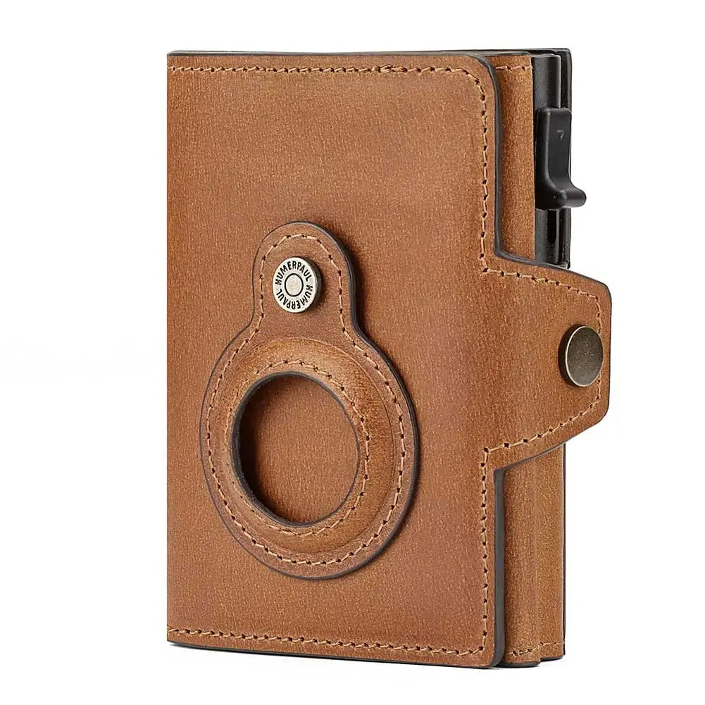 Leather RFID Wallet with AirTag Holder – Automatic Card Case