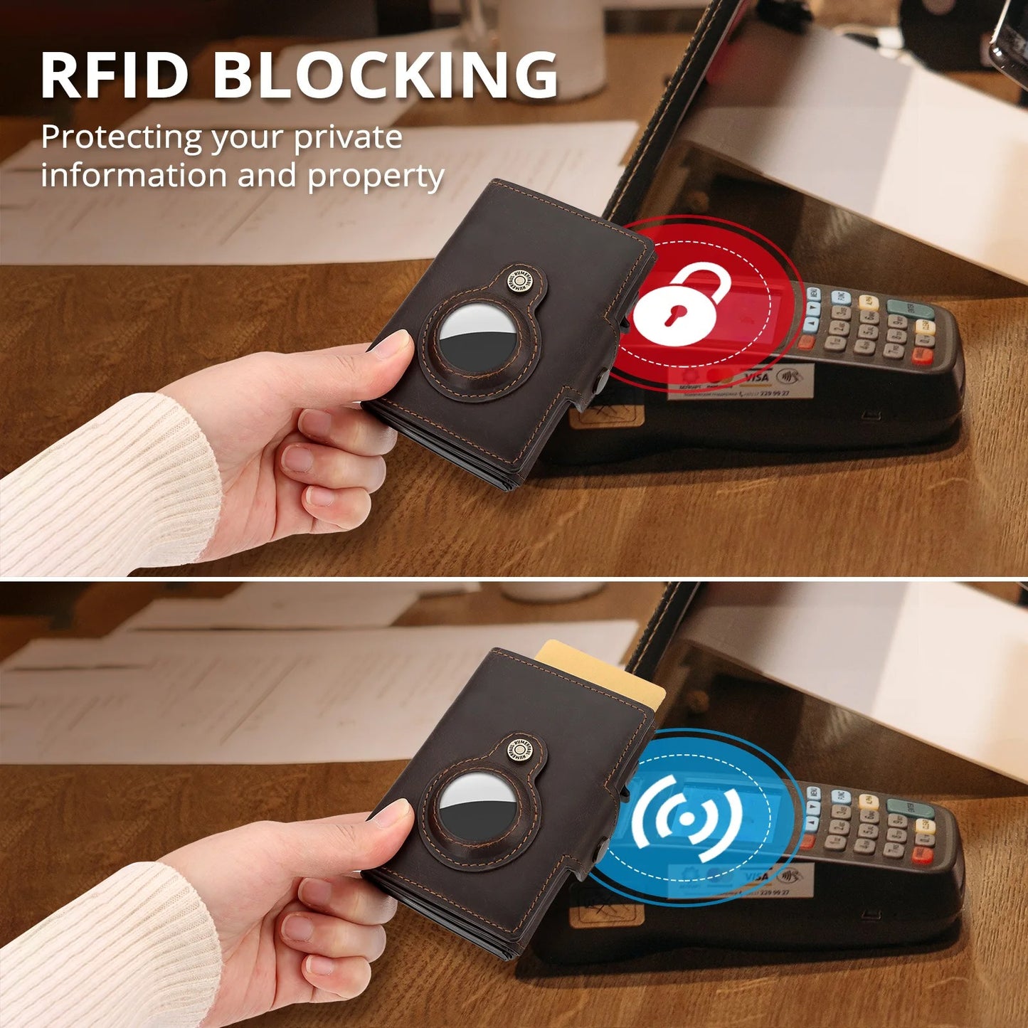Leather RFID Wallet with AirTag Holder – Automatic Card Case