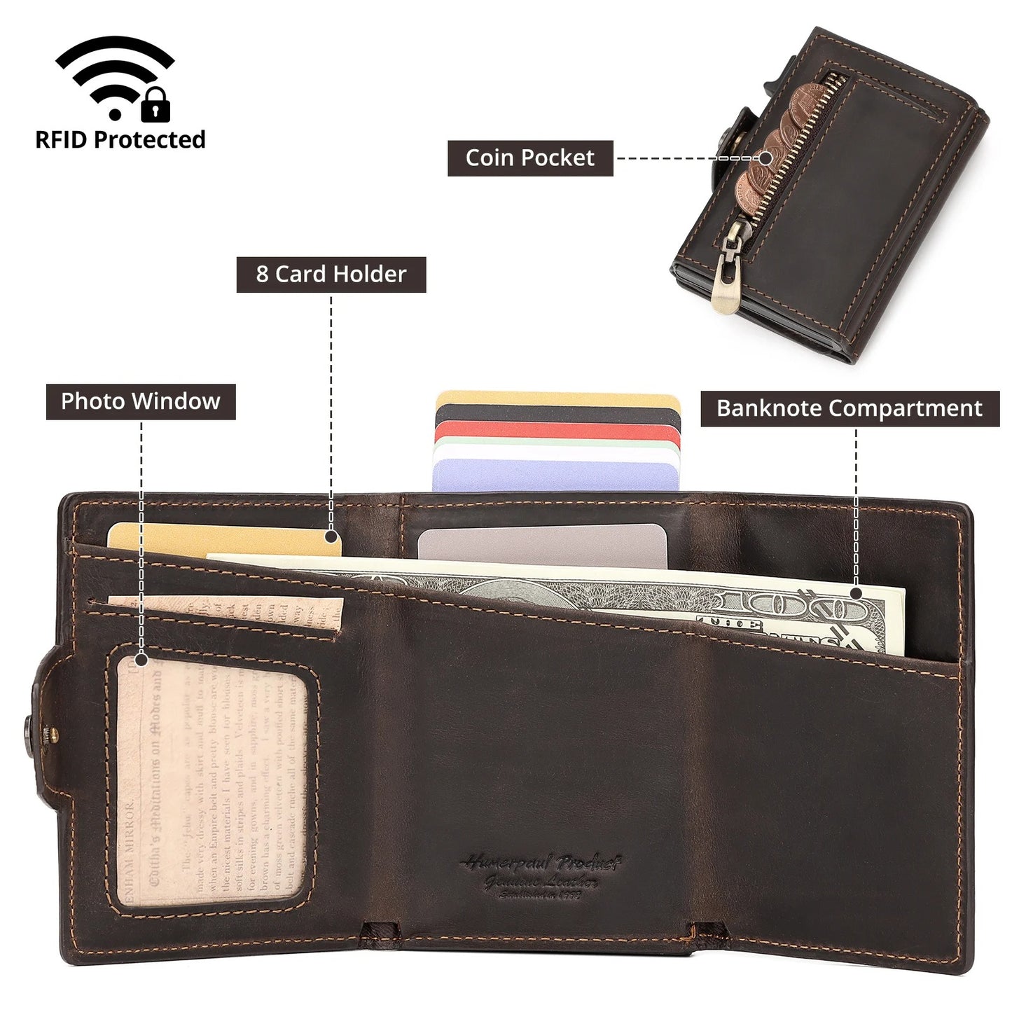 Leather RFID Wallet with AirTag Holder – Automatic Card Case