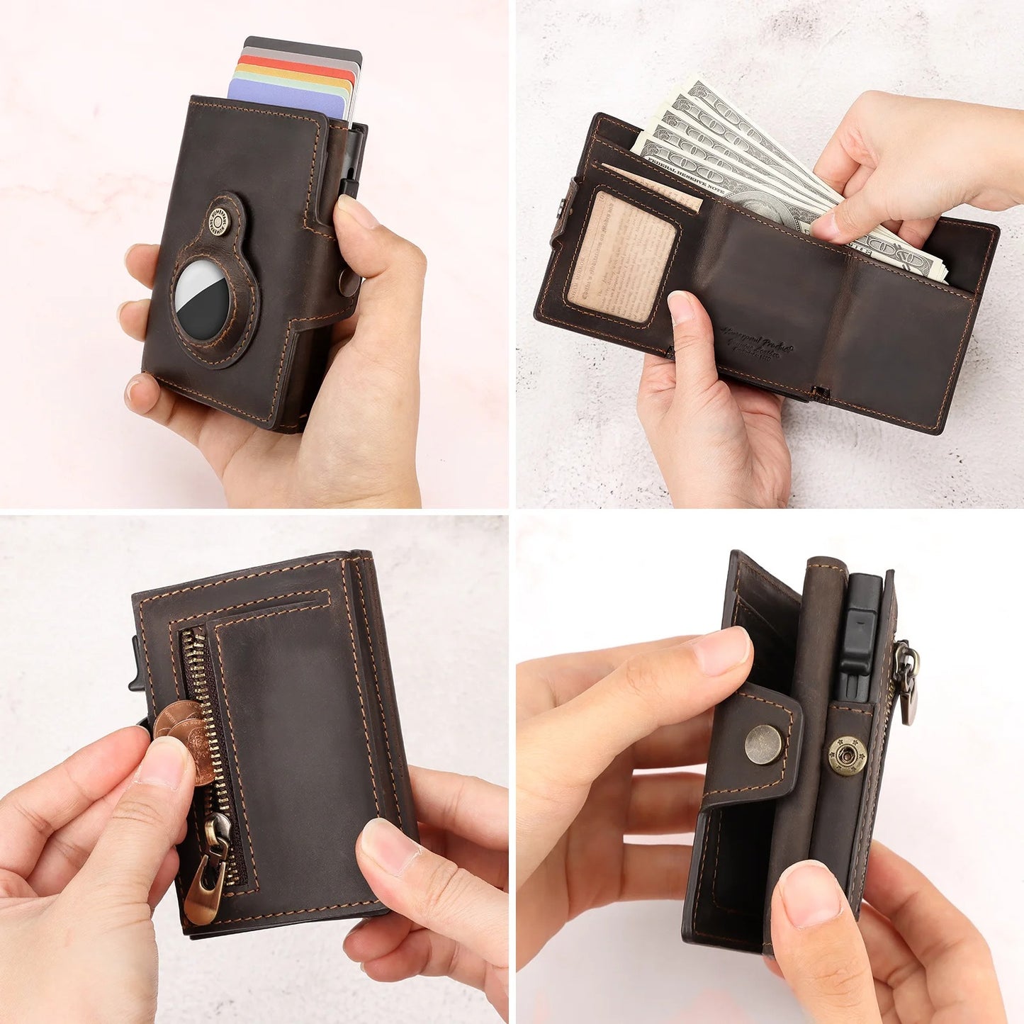 Leather RFID Wallet with AirTag Holder – Automatic Card Case