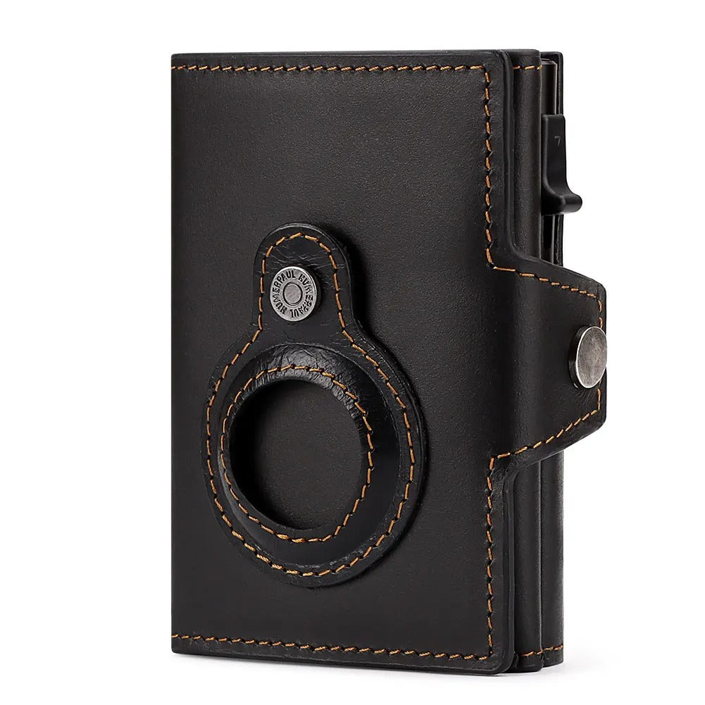 Leather RFID Wallet with AirTag Holder – Automatic Card Case
