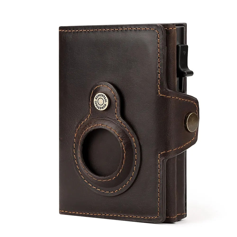 Leather RFID Wallet with AirTag Holder – Automatic Card Case