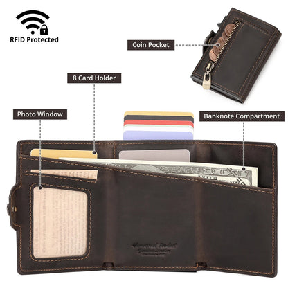 Leather RFID Wallet with AirTag Holder – Automatic Card Case